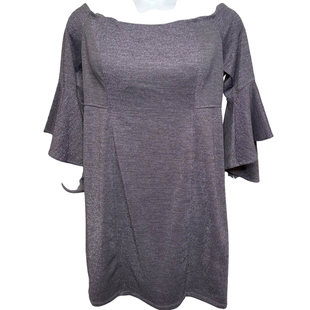 NWT R&M RICHARDS Womens Navy Silver Metallic Sheath Dress Bell Sleeve 14W Glam